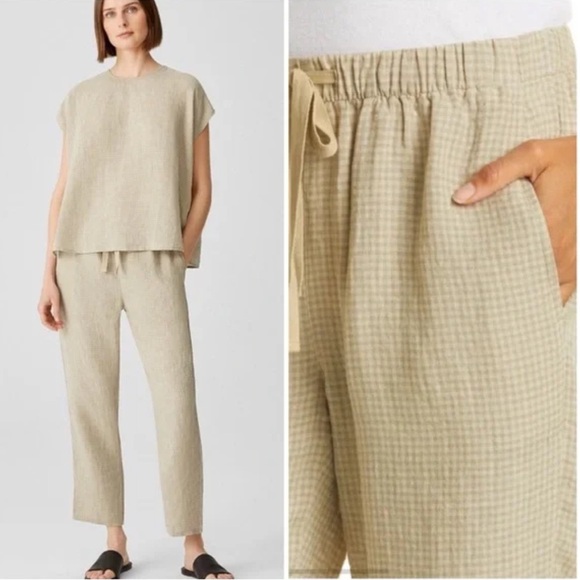 Eileen Fisher Organic Linen Tapered Khaki Gingham Pants Medium Elastic Waist - Picture 1 of 10